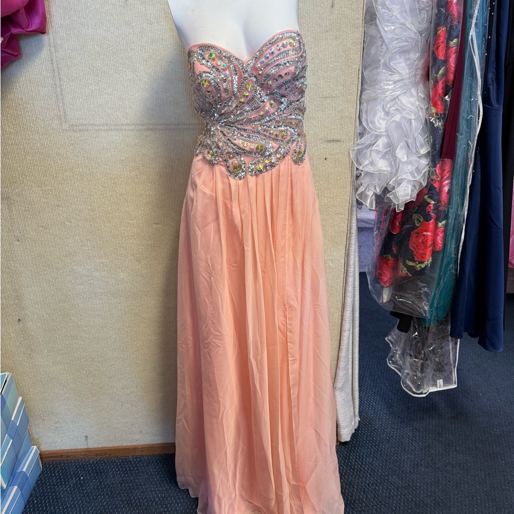 Strapless Peach Evening Gown with Beaded Embellished Bodice